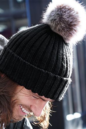 Faux Fur Pop Pom Chunky Beanie