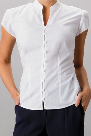 Tailored Fit Mandarin Collar Poplin Blouse Cap Sleeve