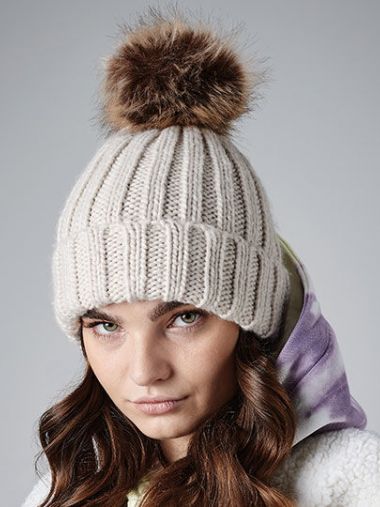 Faux Fur Pop Pom Chunky Beanie