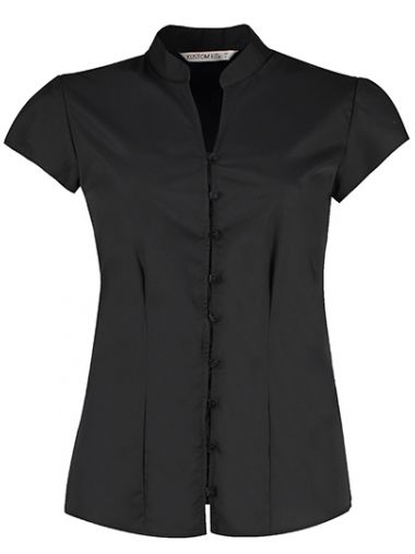 Tailored Fit Mandarin Collar Poplin Blouse Cap Sleeve